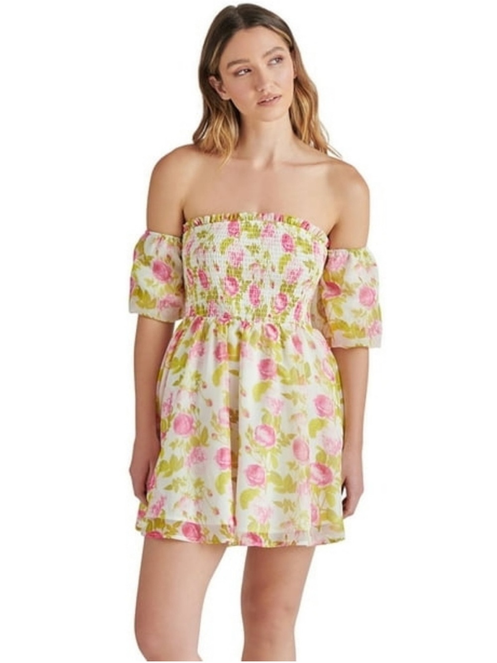 Betsey Johnson Women's Floral Off the Sleeve Smocked Chiffon Babydoll  Dress XL